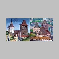 Église Saint-Thomas de Strasbourg, Ansicht um 1450 (aus einem Gemälde des Meisters der Karlsruher Passion) und 2015 (Wikipedia).jpg
